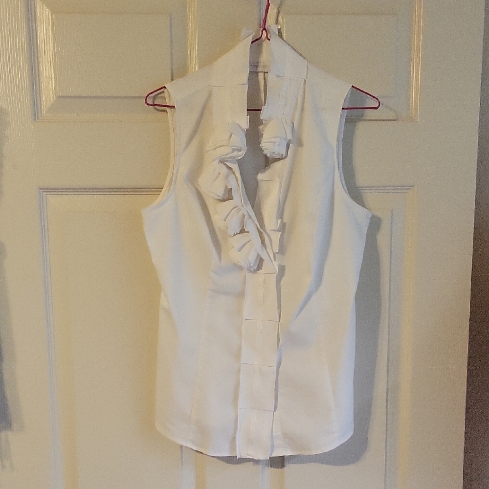 New York & Company White Sleeveless Ruffle-Front Blouse